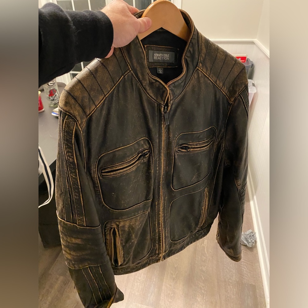 Distressed-style Motorcycle Leather Jacket. 6 pockets (4 zipped). 1 Owner (Me:)